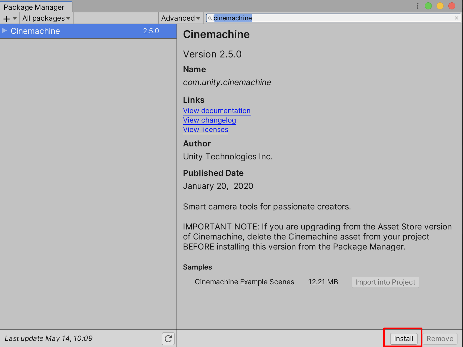 Figure 01: The Cinemachine Package in the Package Manager