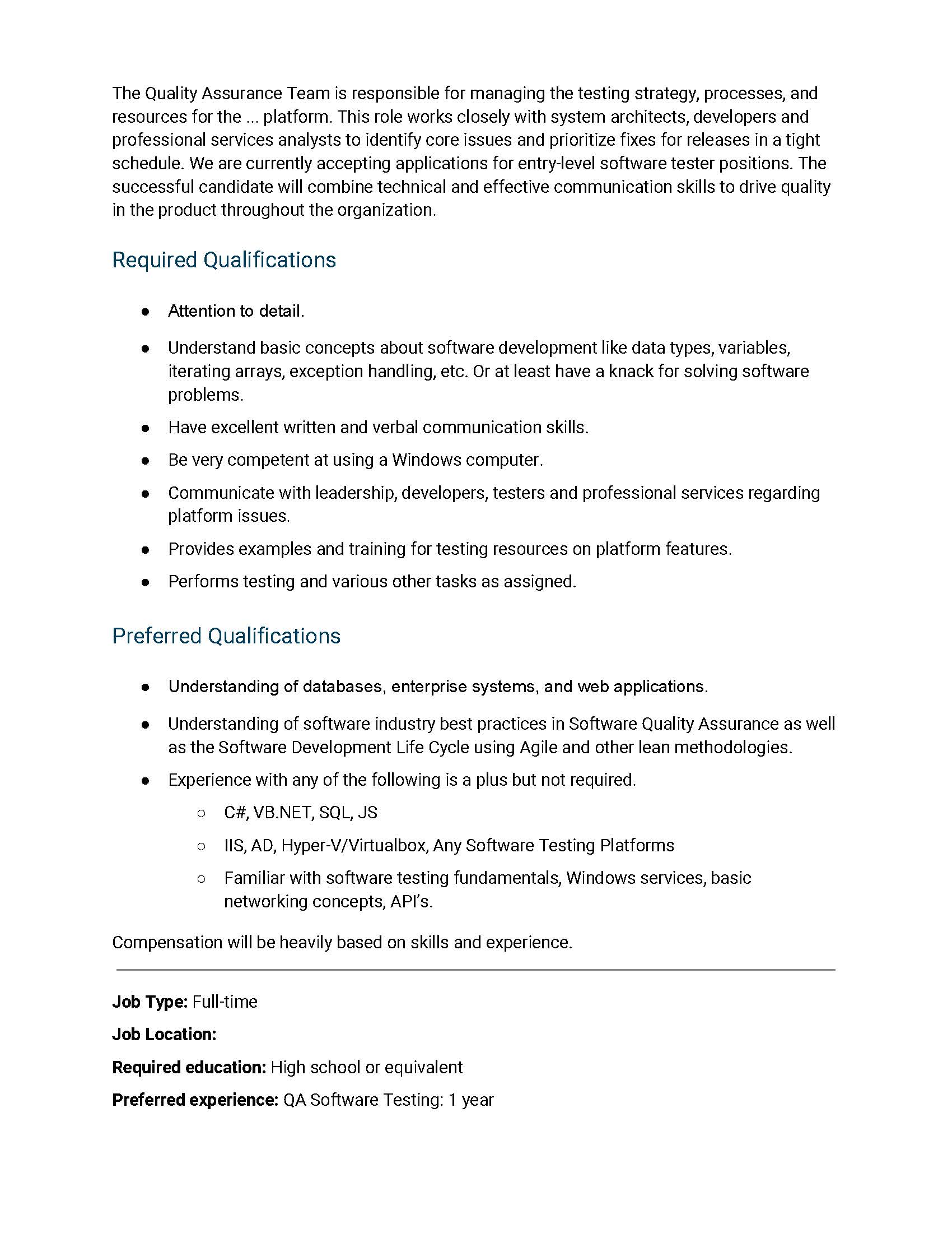 Sample QA tester job posting