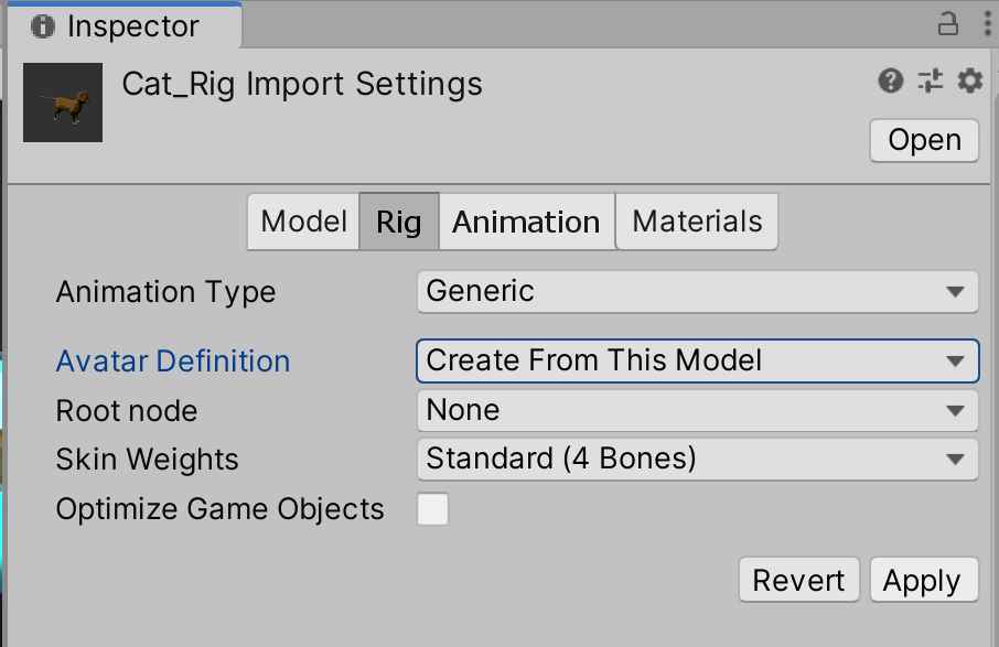 Figure 13: Configuring the cat's 'Sit' animation