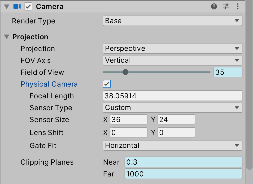 Figure 04: The Physical Camera property allows us to adjust the focal lengths of our Virtual Cameras