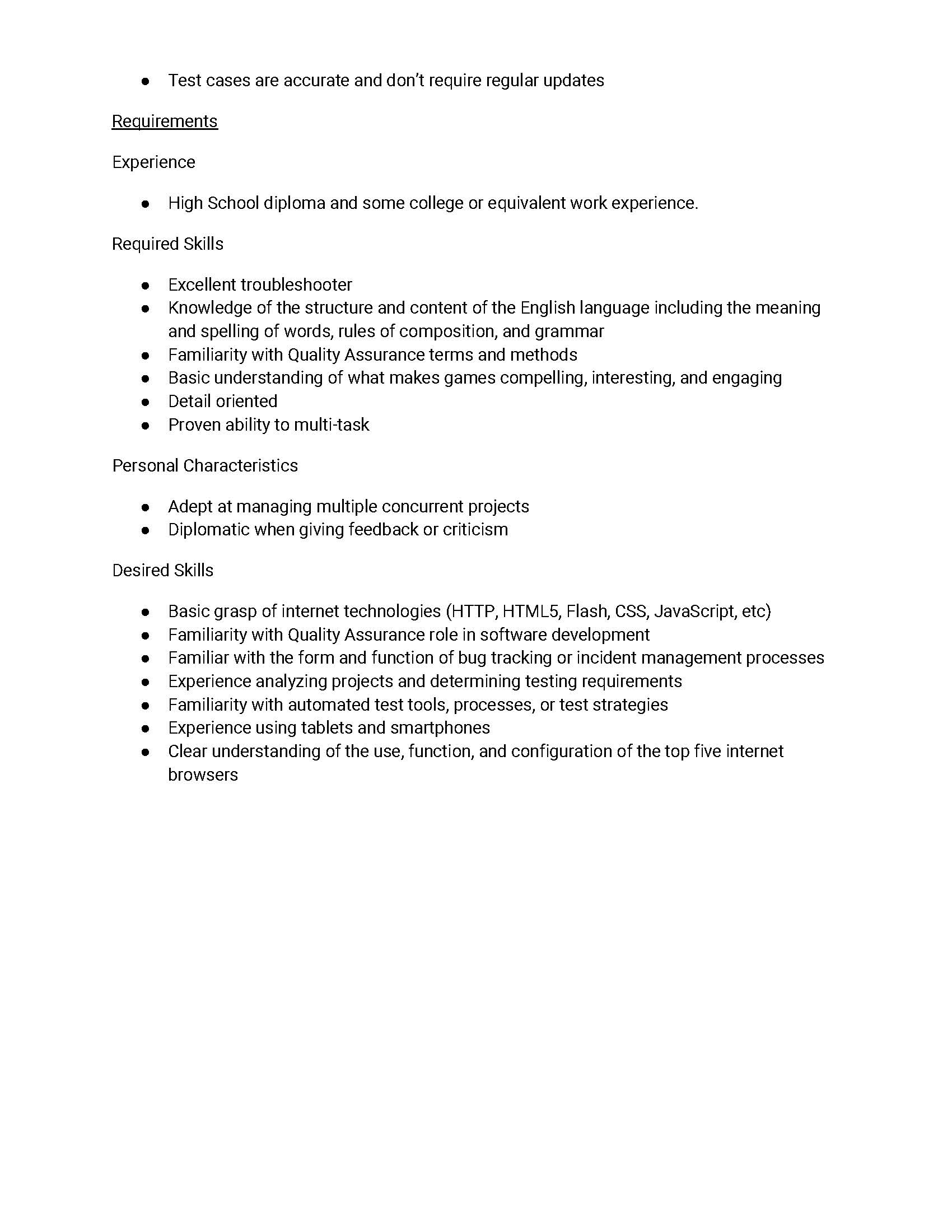 Sample Games QA Tester job role
