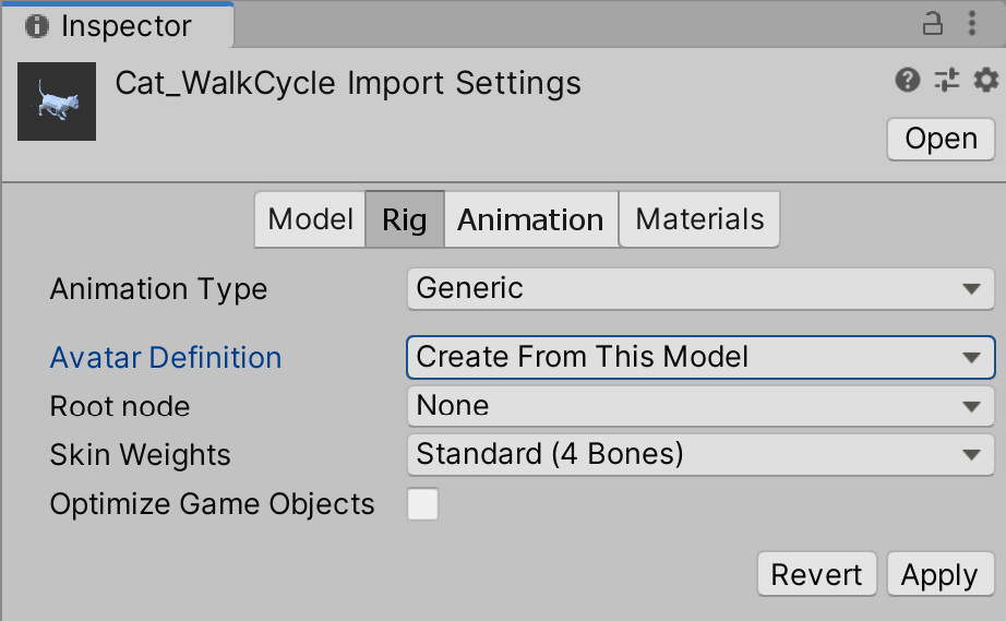 Figure 03: Configuring the cat's walk cycle animation. This follows a process similar to importing the cat's model and rig.