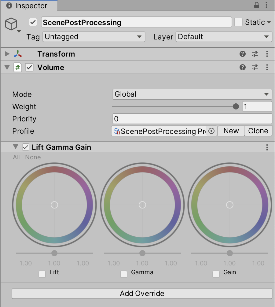 그림 14: ScenePostProcessing GameObject의 Volume Override 내 Lift, Gamma, Gain 설정값