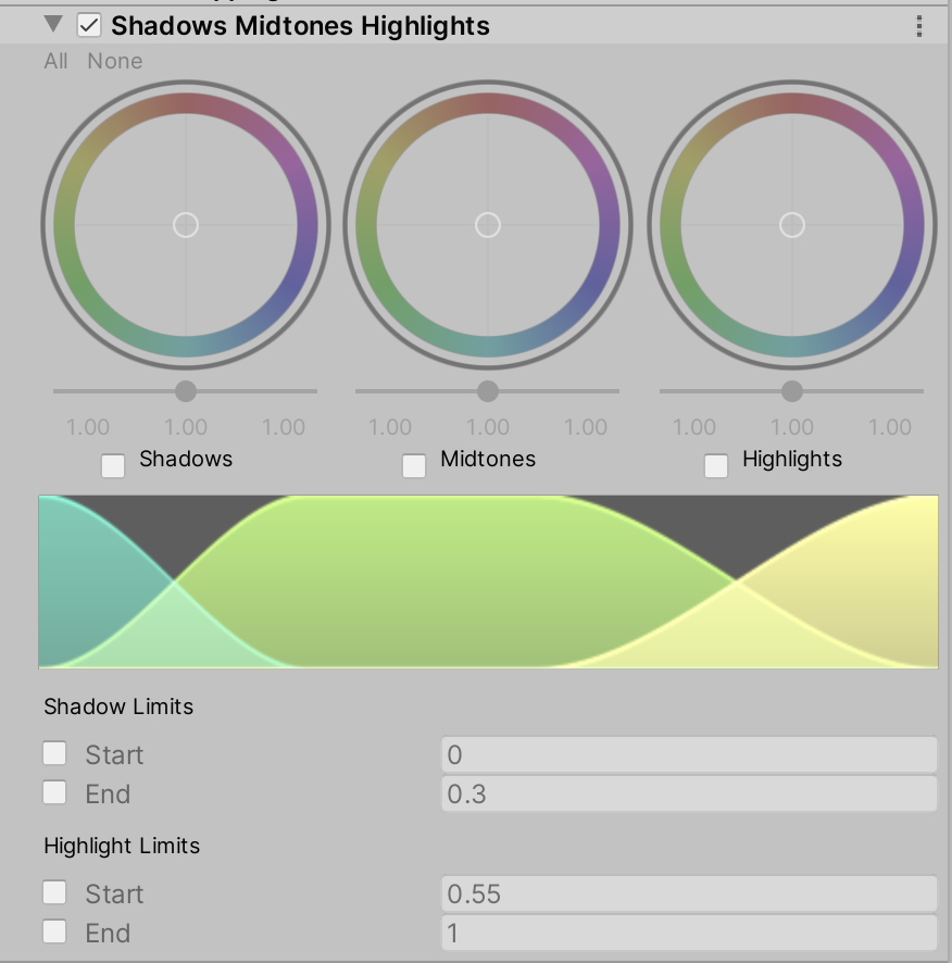 그림 10: ScenePostProcessing 게임 오브젝트의 Volume Override 내 Shadows Midtones Highlights 설정값