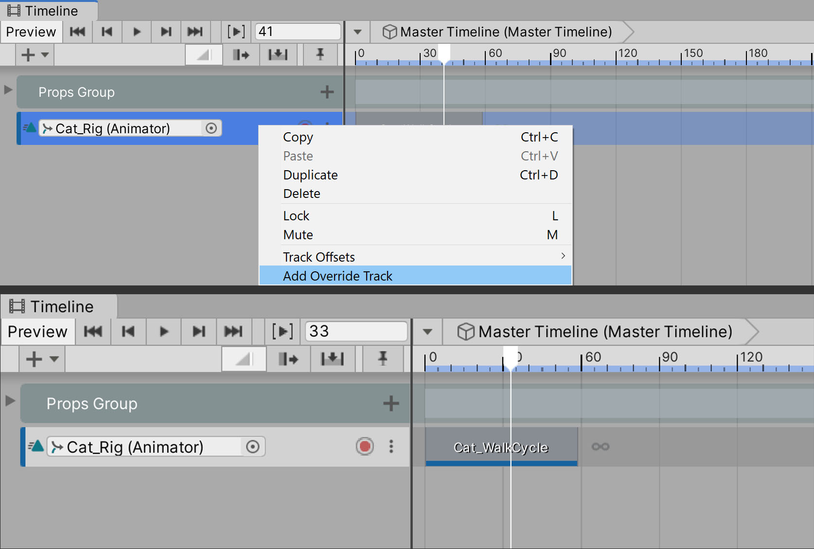 Figure 07: The Override Track is nested under the parent Animation Track.