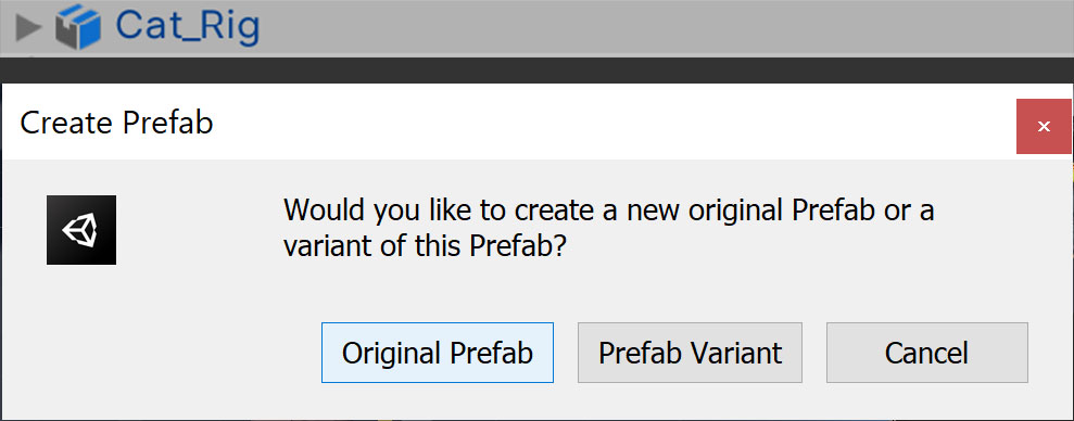 Figure 02: From Top to Bottom: The cat's model package in the Hierarchy, being prompted to create an Original Prefab form the package, and the created Prefab in the Project view.