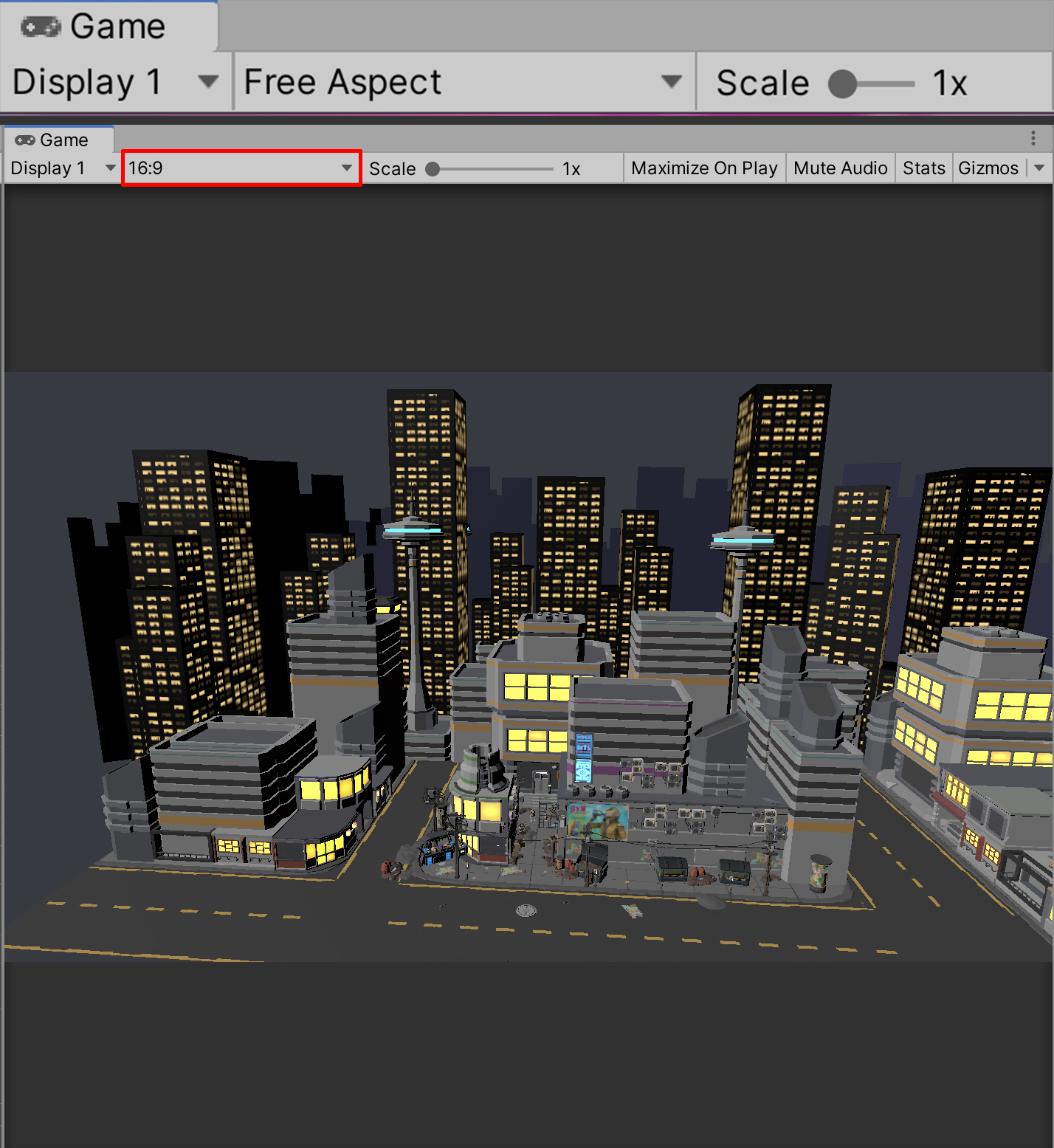Figure 05: Setting the aspect ratio to 16:9 in the Game window