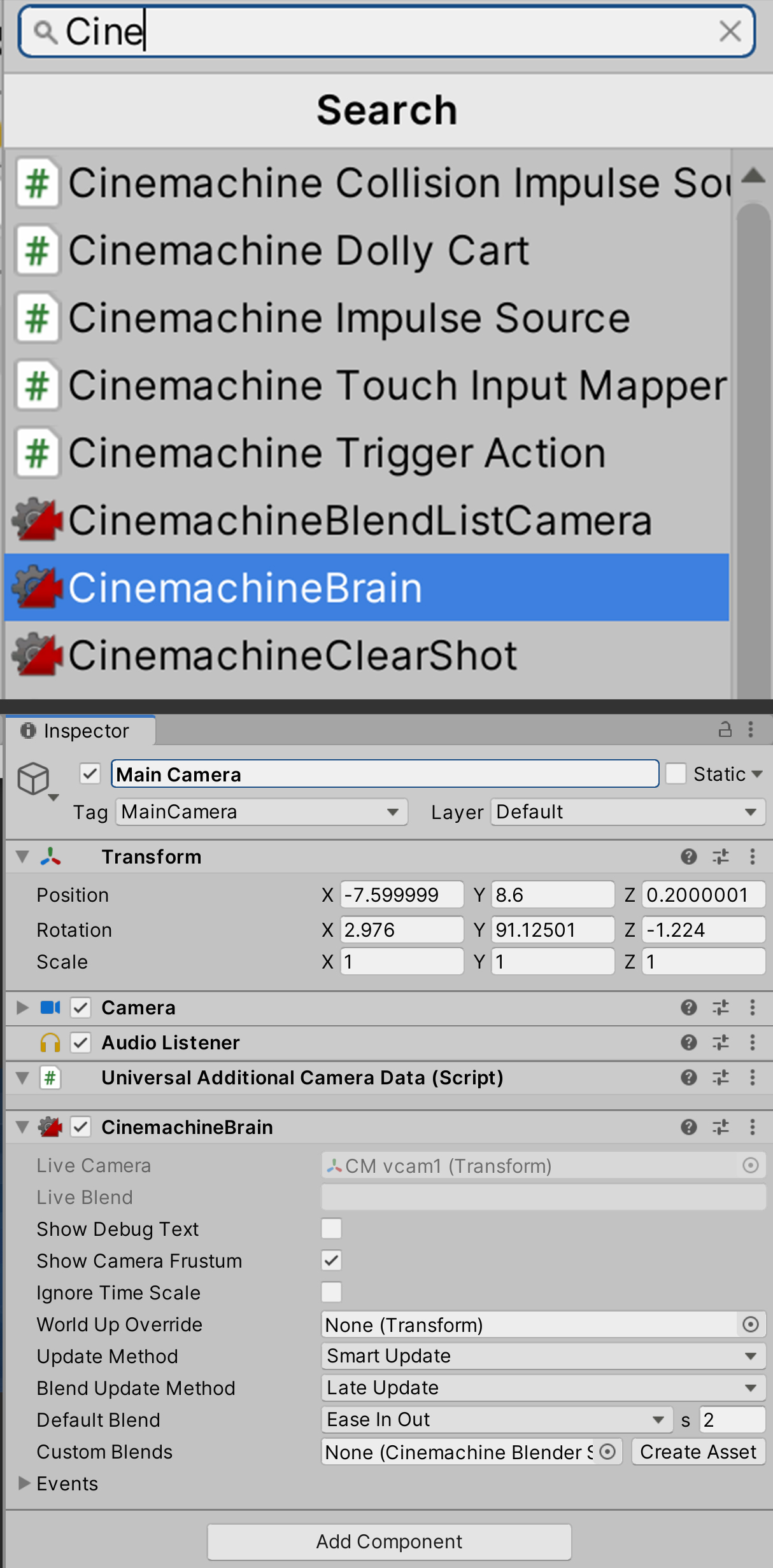 Figure 02: The Cinemachine Brain component acts as a hub for all the Virtual Cameras in the Scene that will override the Main Camera when activated. The Live Camera section automatically updates to display the current active Virtual Camera.