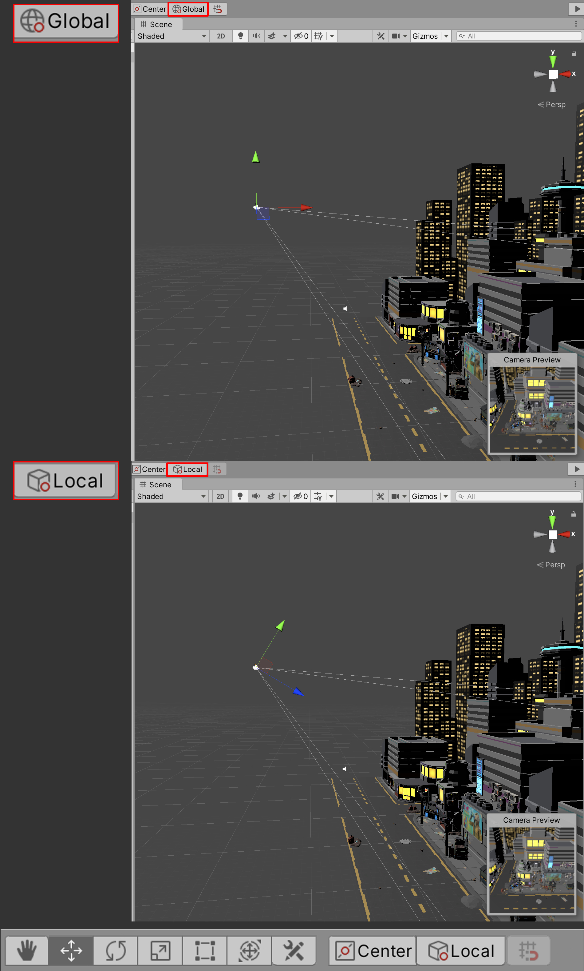 Figure 02: Toggling the Transform handles/gizmos to be manipulated locally