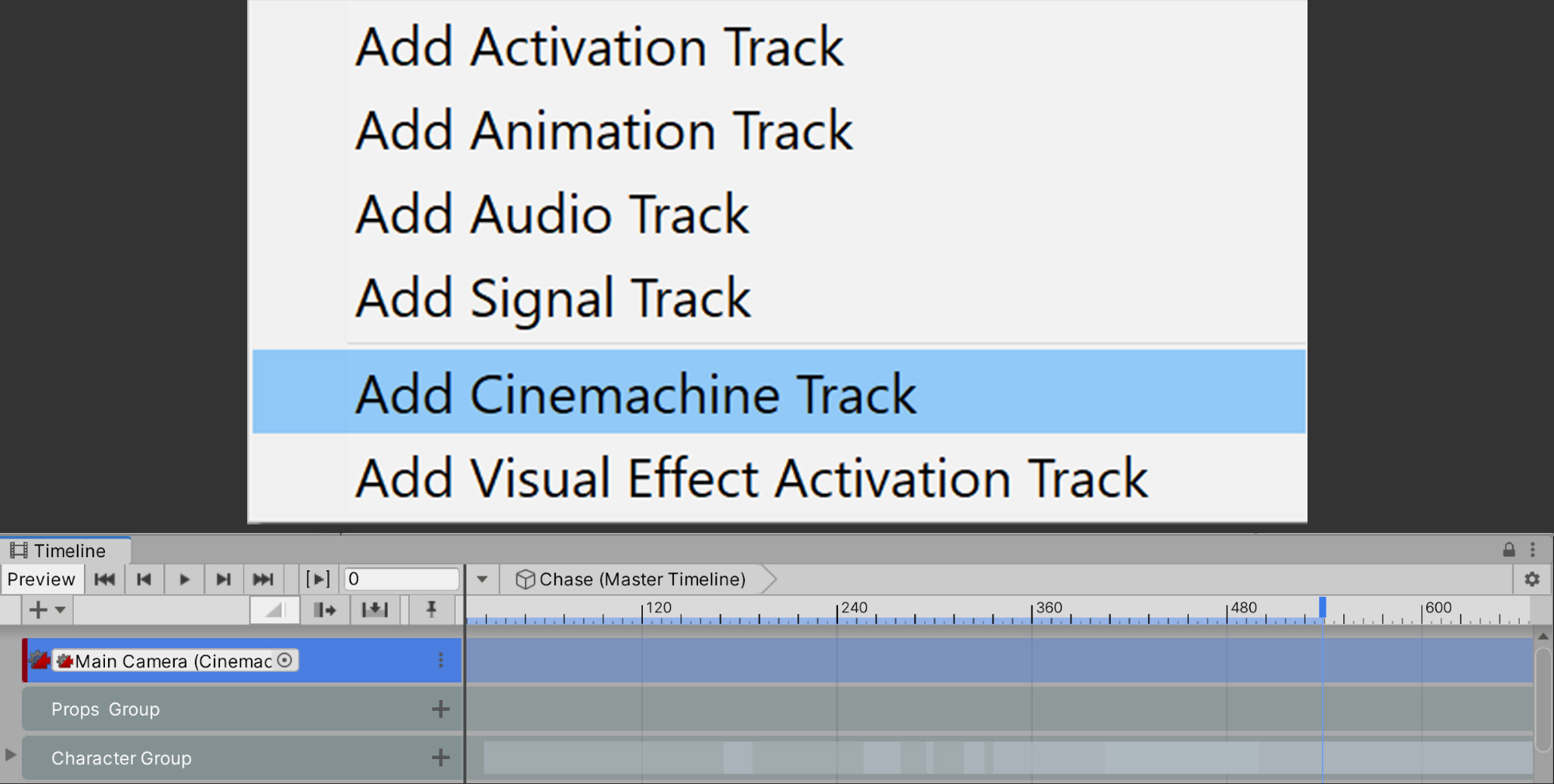 Figure 03: The new Cinemachine Track in our Timeline