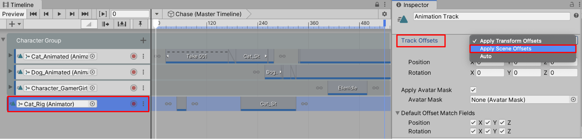 Figure 17: Setting an Animation Track’s Offsets to Apply Scene Offsets.