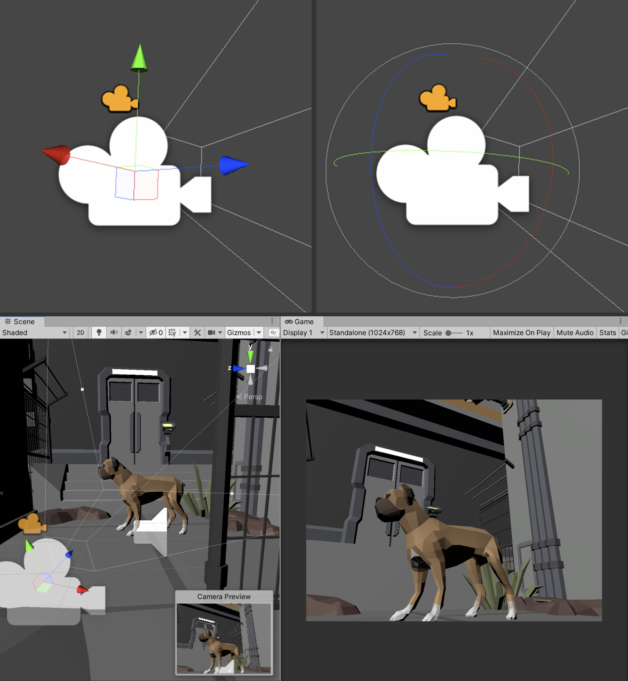 Figure 01: By manipulating the Translation and Rotation gizmos on the camera, we can modify the corresponding camera view in the Game view.