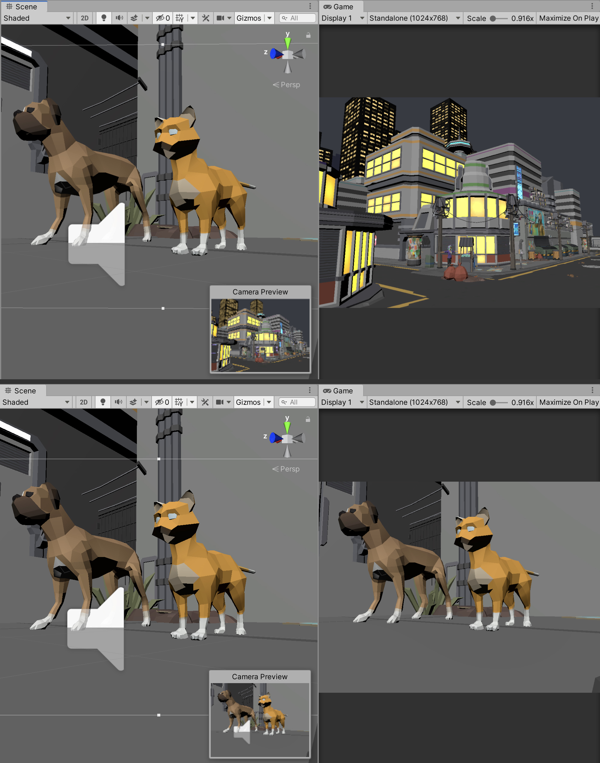 Figure 04: Our Main Camera can replicate the framing of our Scene view (adjusted with a bit of tumbling) through the use of Ctrl/Cmd + Shift + F, or “framing” shortcut.