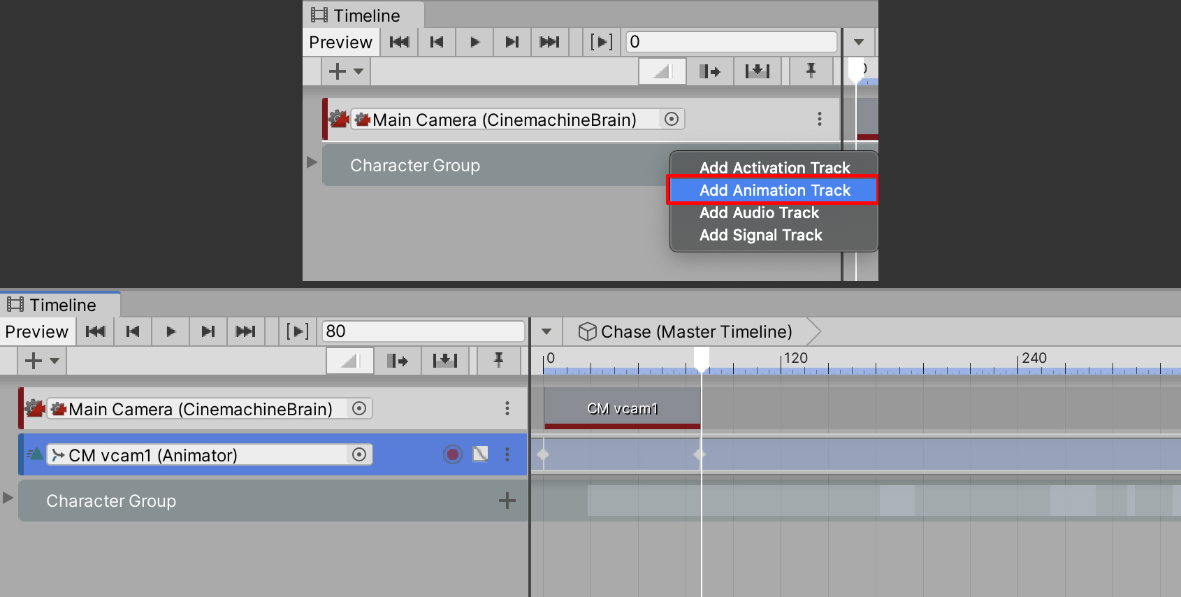 Figure 12: Creating a new Animation Track for our first Virtual Camera. We will animate the camera directly by placing keys into this track.