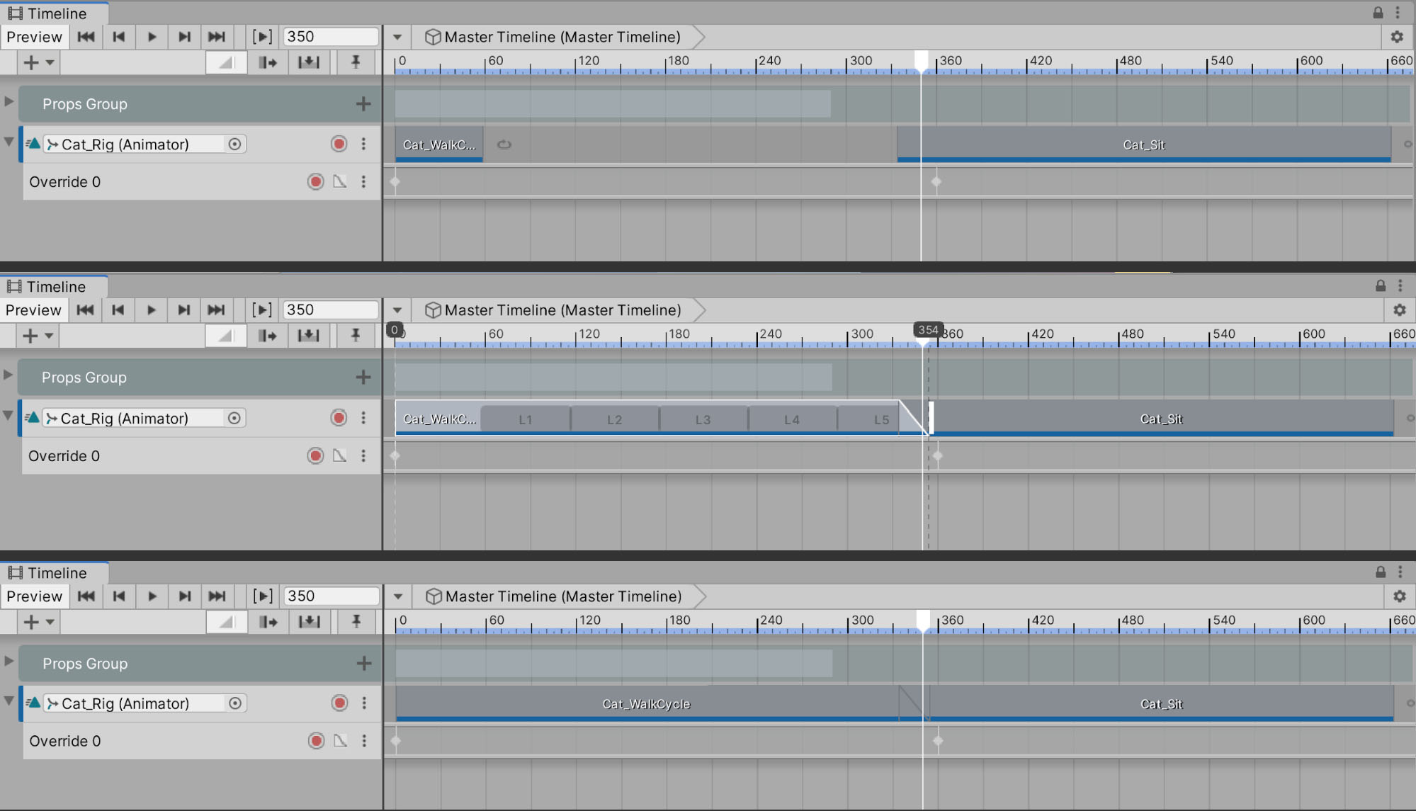 Figure 15: From top to bottom: Adding the Cat_Sit Animation Clip to the Cat_Rig Track, extending the length of the cat's walk cycle Animation Clip, and blending the two Animation Clips where they intersect.