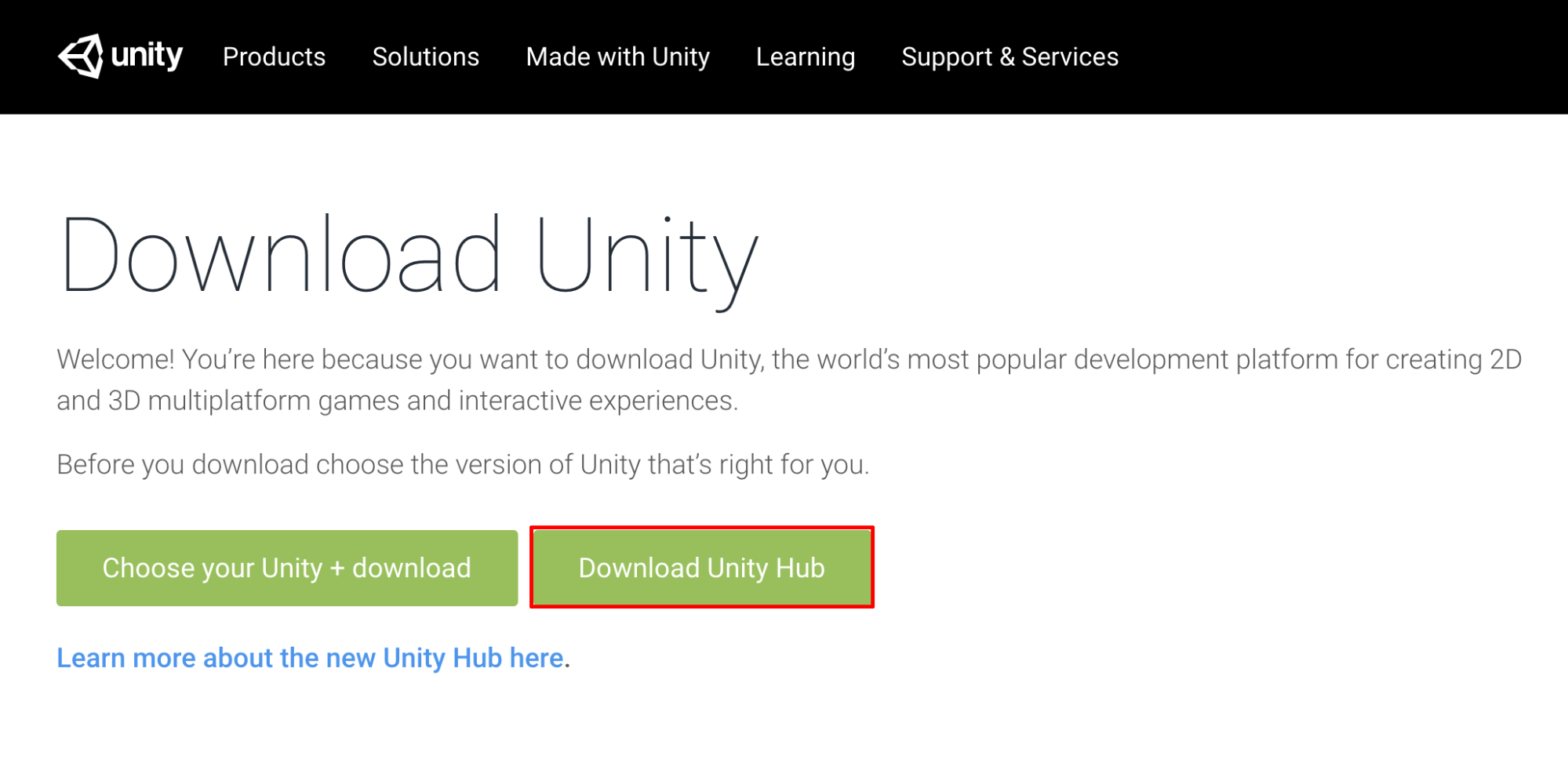 Figure 01: Selecting Download Unity Hub from a web browser.