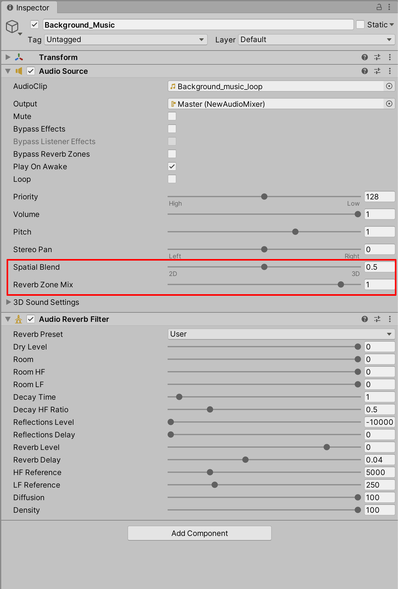 Figure 17: Adjusting the Spatial Blend and Reverb Zone Mix values