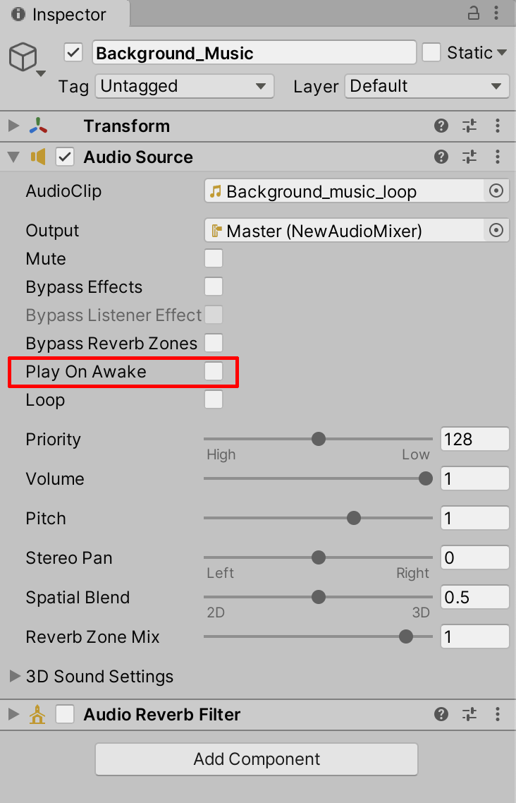Figure 26: Disabling Play On Awake