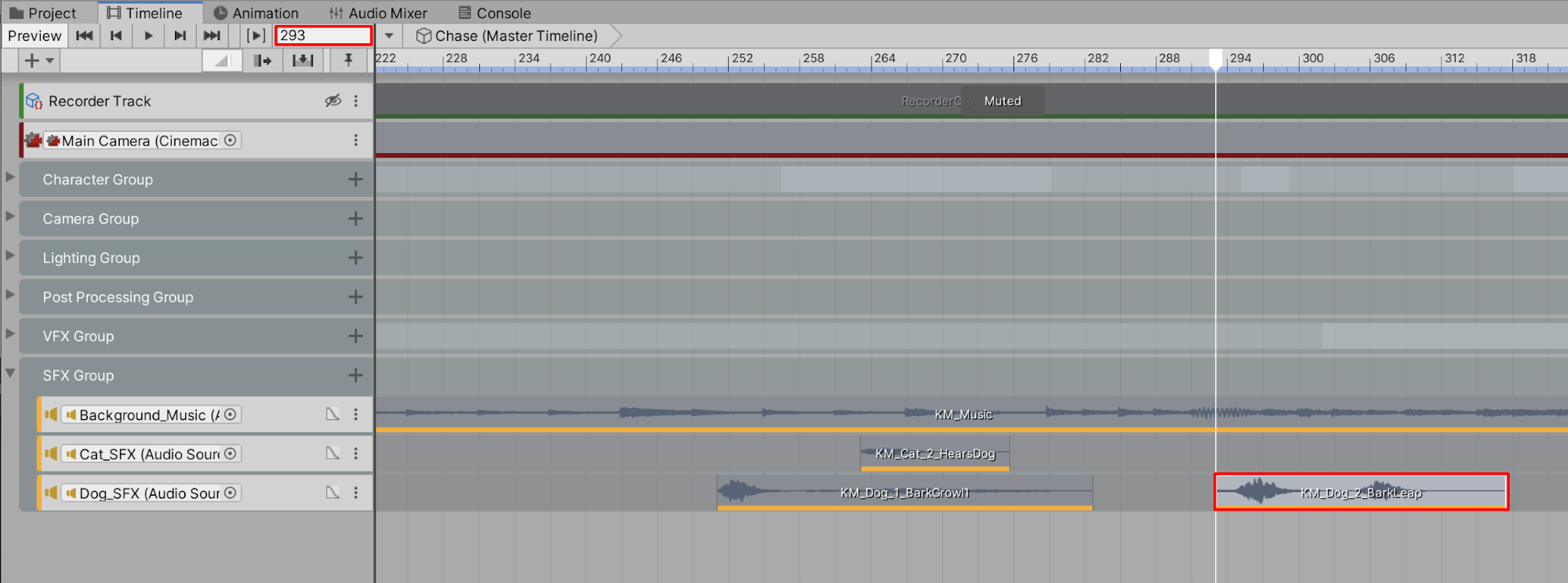 Figure 32: The dog’s audio clip arranged to start playing at Frame 293.
