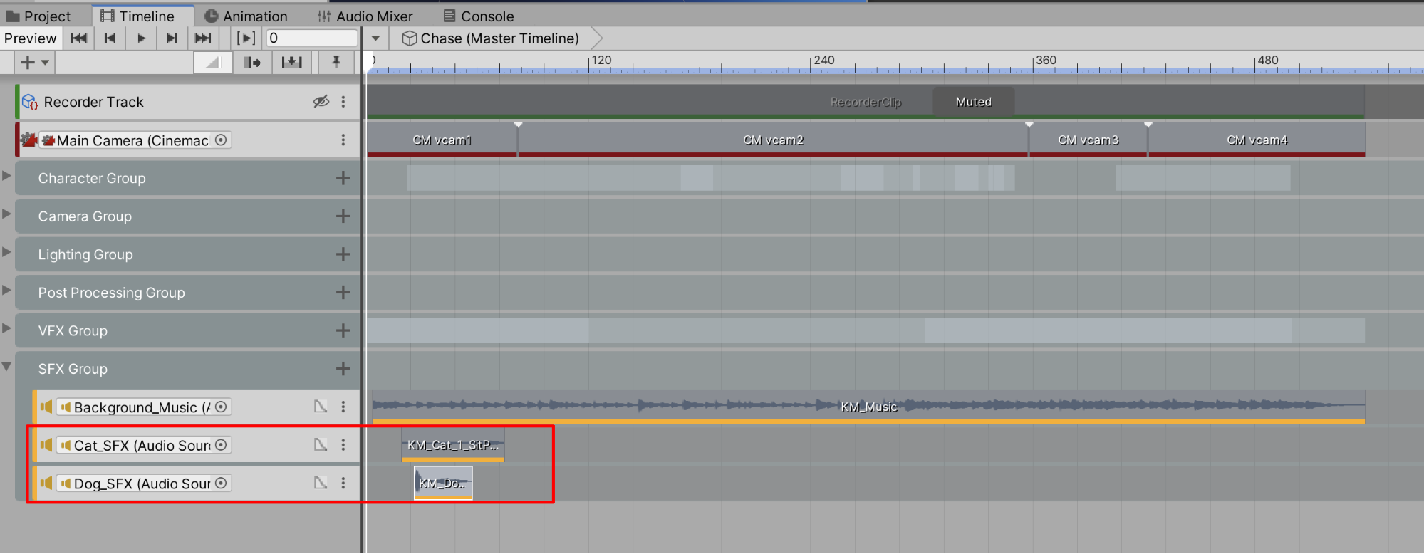 Figure 28: The Audio Clips added to the dog and cat tracks in the Timeline’s SFX Group