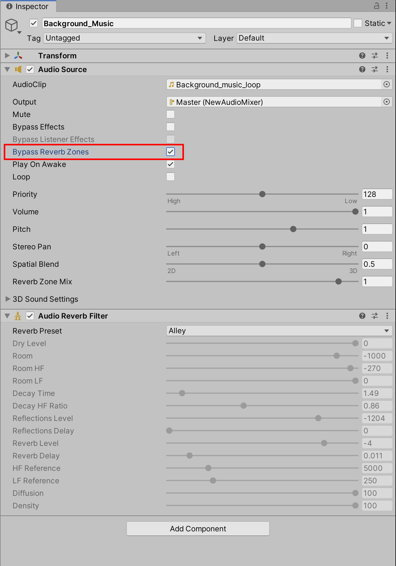 Figure 19: Selecting the Bypass Reverb Zones to turn an effect on and off