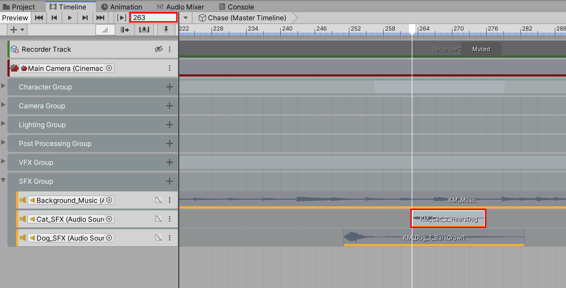 Figure 31: The cat’s second audio clip arranged to start playing at Frame 263.