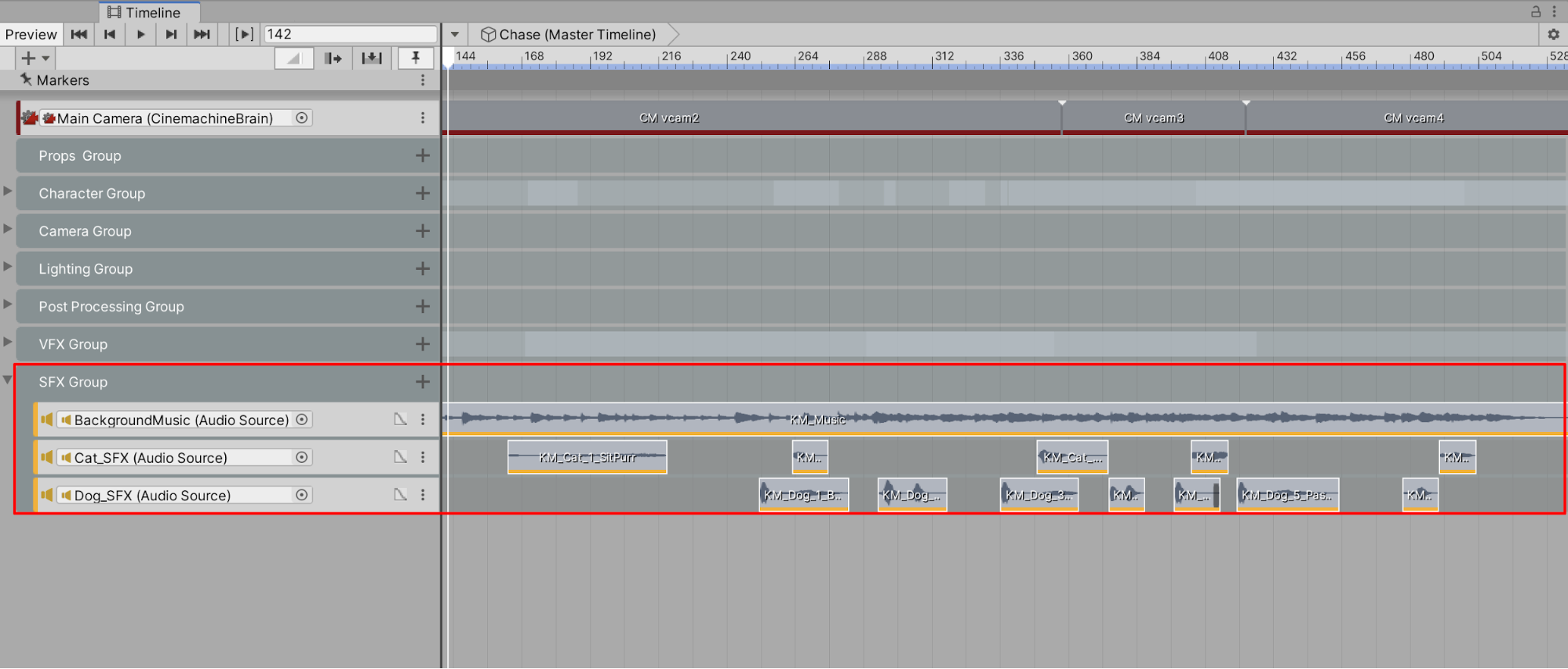 Figure 33: The individual audio clips arranged at designated intervals along the Timeline
