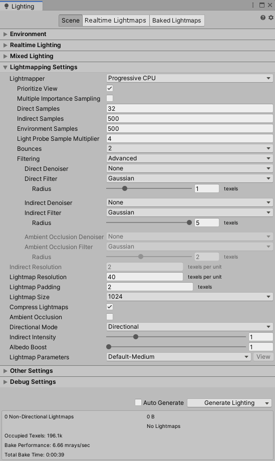 Figure 01: Lightmapping Settings in the Light Settings Window