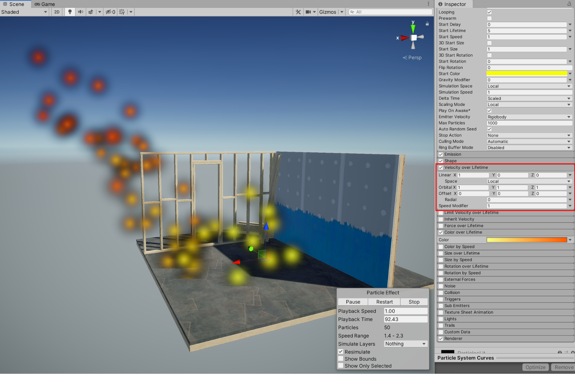 Adjusting the Velocity over Lifetime properties.
