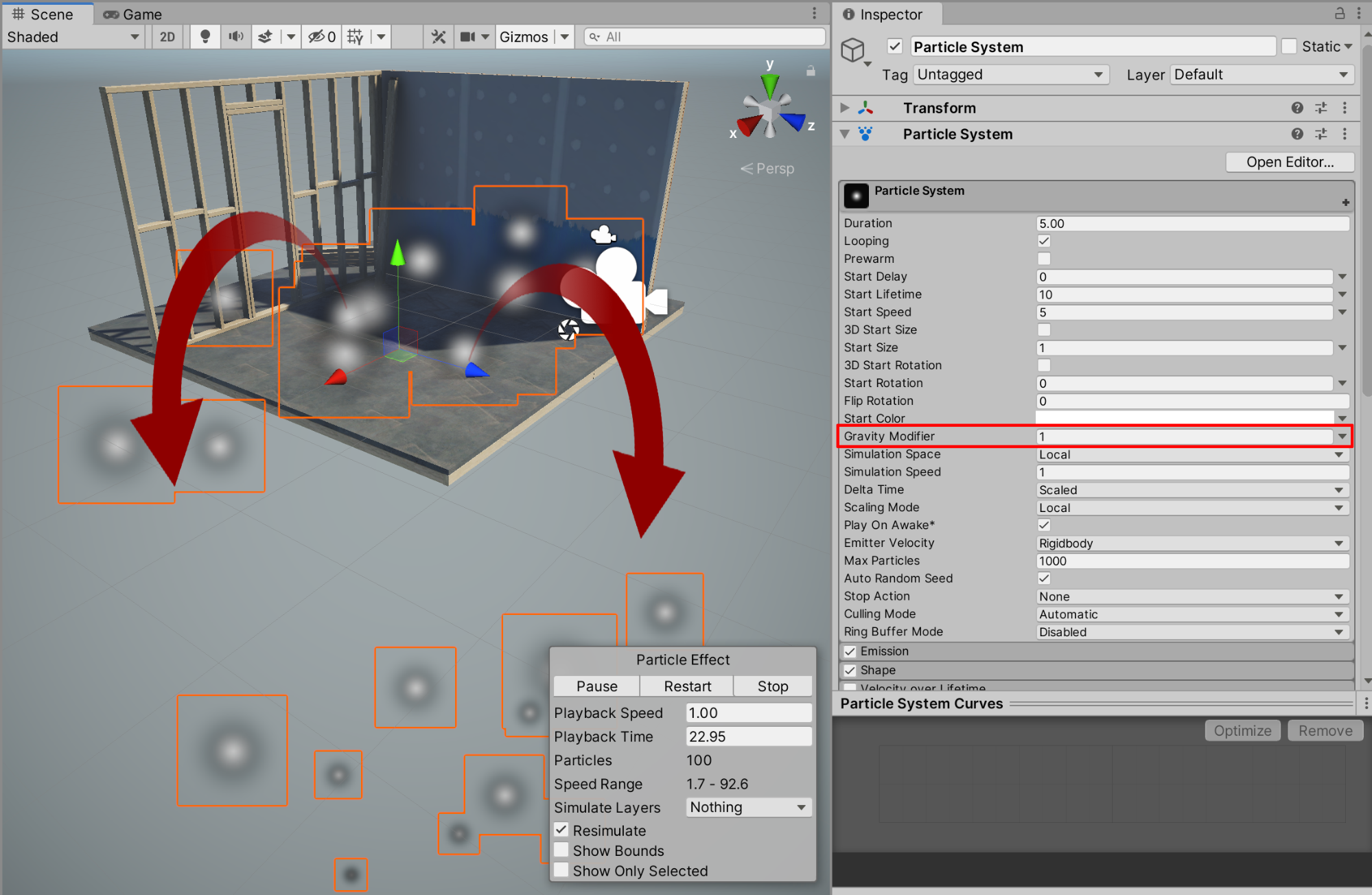 Changing the Gravity Modifier to 1 results in the gravity’s influence over the particles.