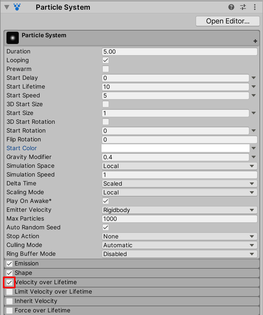 Enabling the Velocity over Lifetime checkbox.
