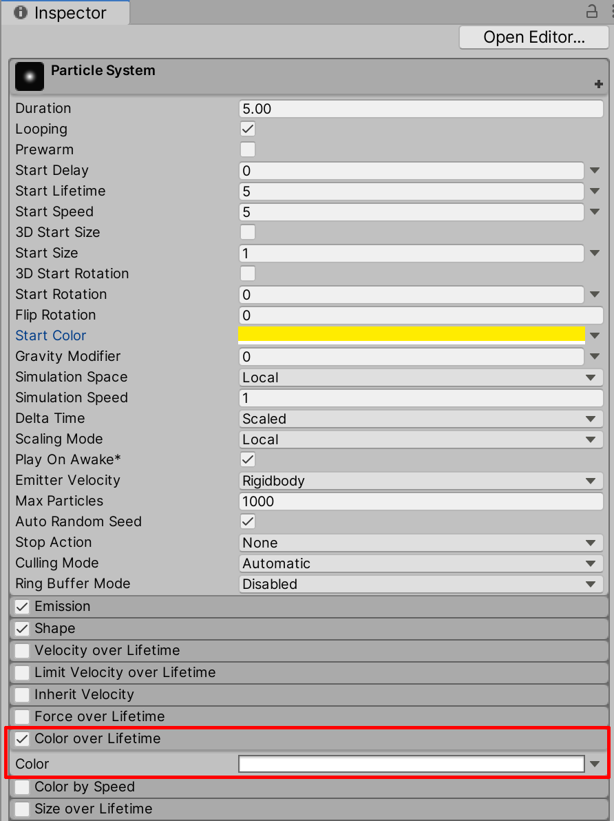 Selecting to enable and expand the Color over Lifetime field.