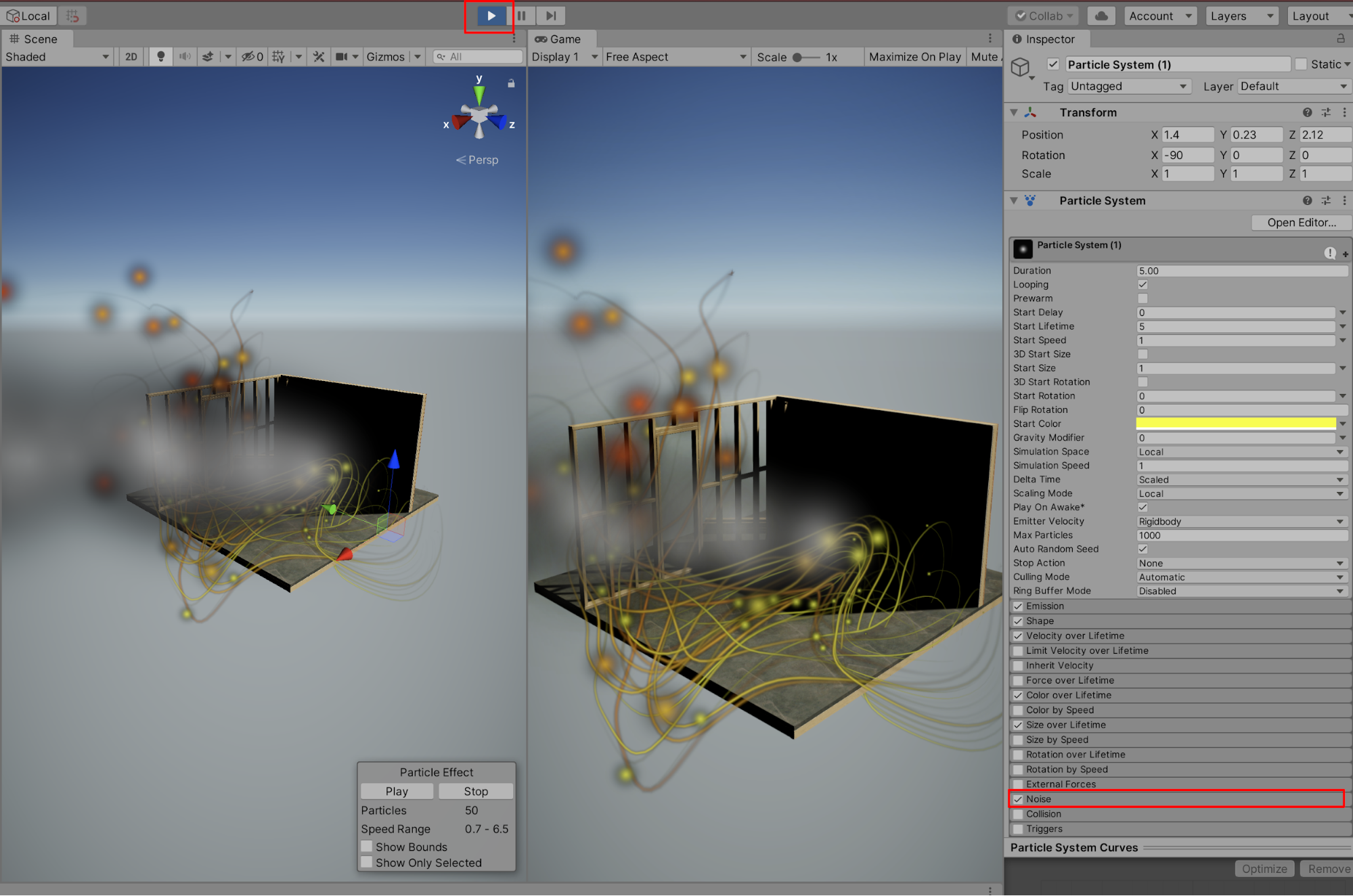The combined Particle System effects previewed in Play Mode.