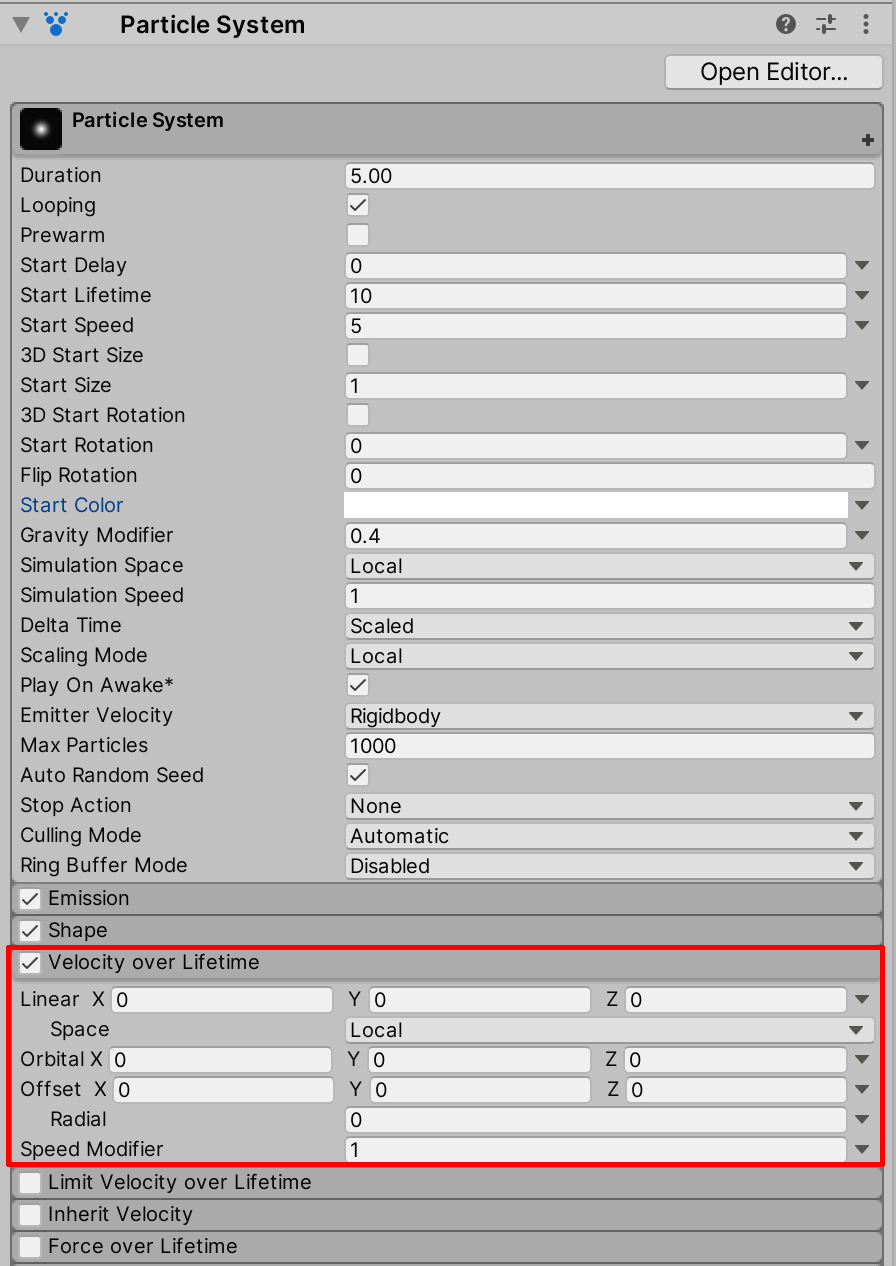 Selecting the Velocity over Lifetime field to expand its properties.