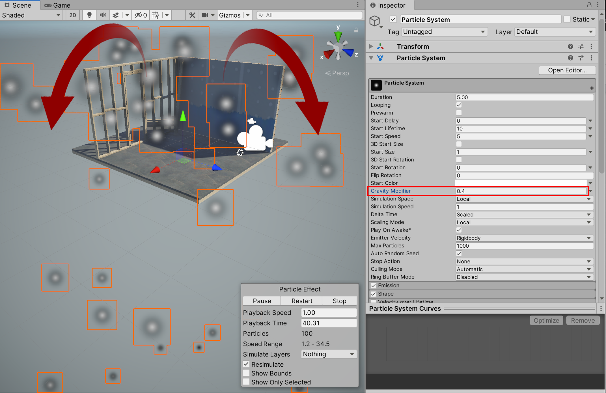 Reducing the Gravity Modifier to .4 results in the particles’ initial higher upward velocity.