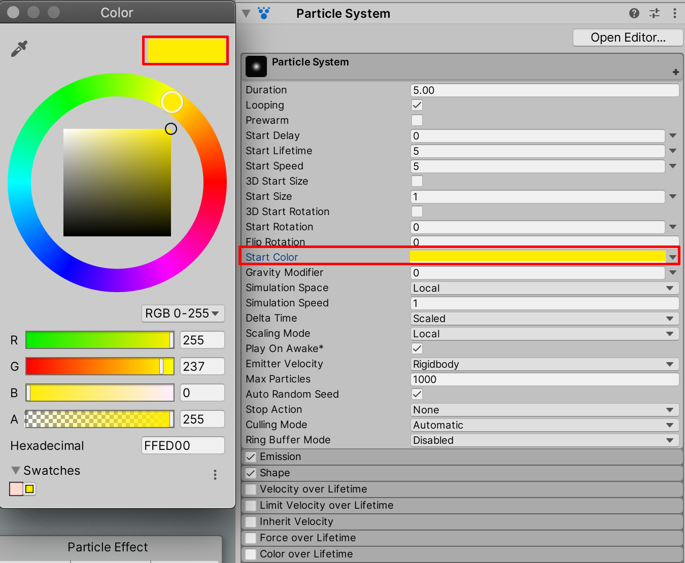 Selecting a yellow color from the Start Color field.