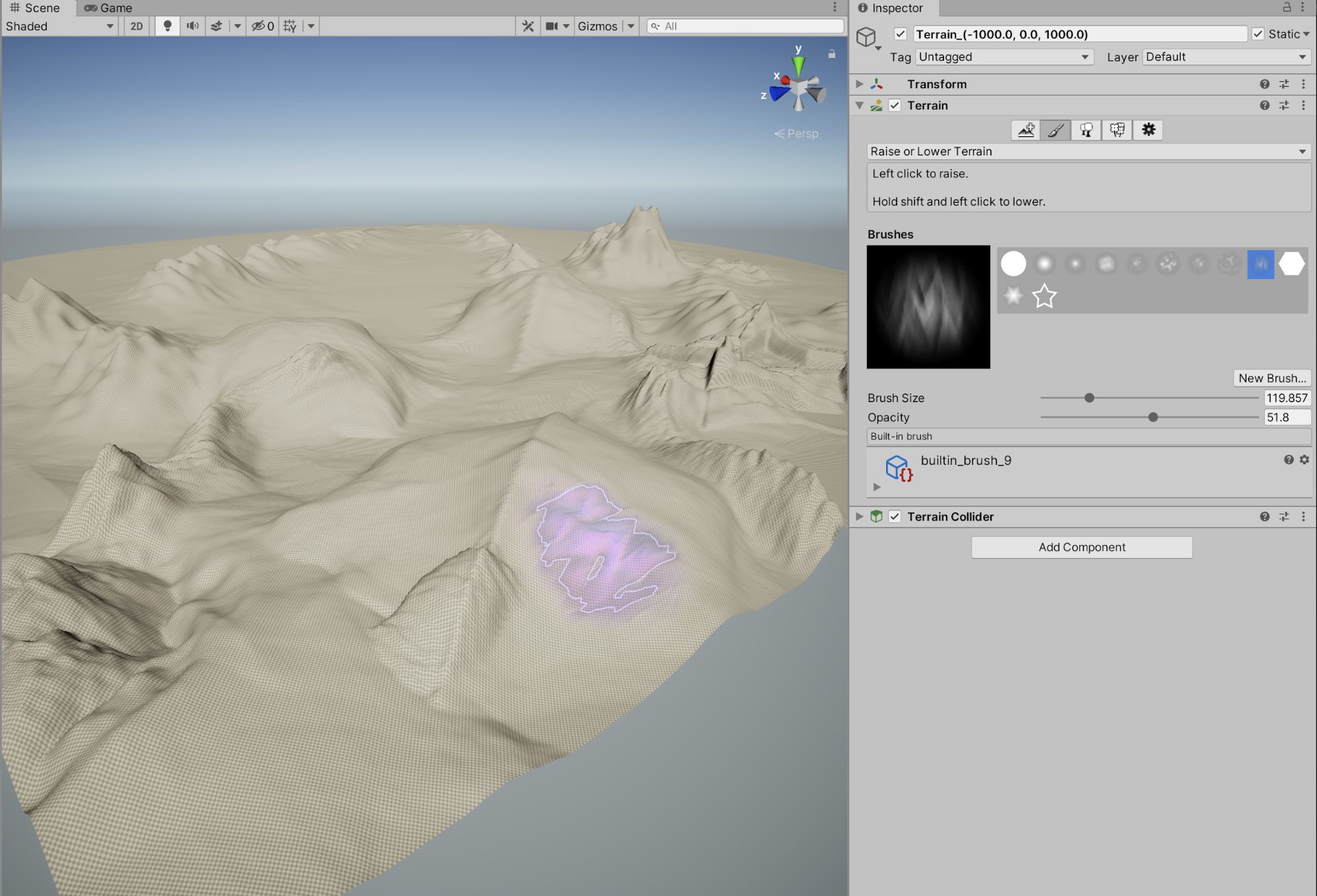 Sculpting the Terrain with various combinations of brush shapes and sizes.