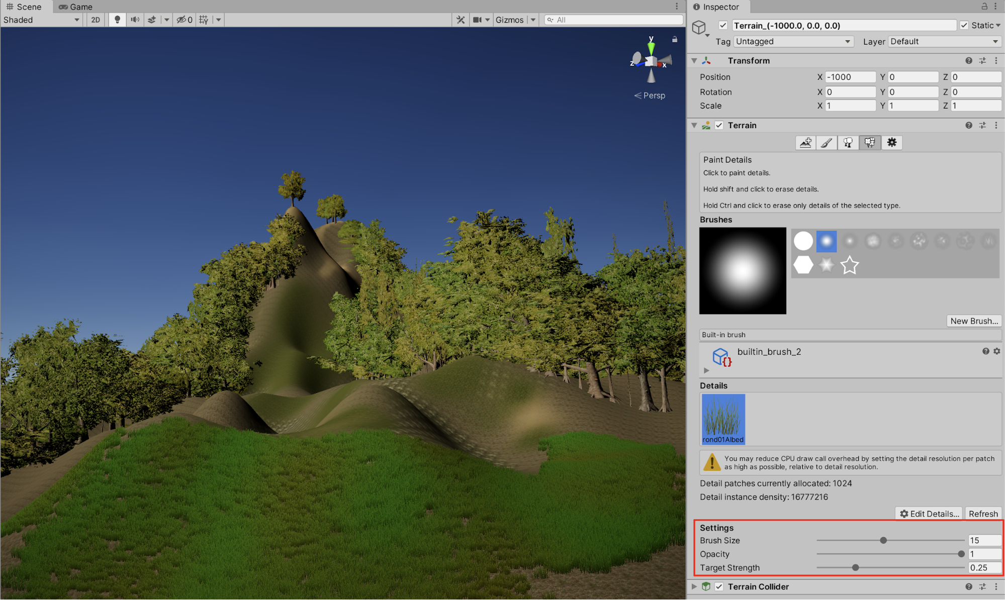 Using the Paint Details tool to paint grass texture on your Terrain.