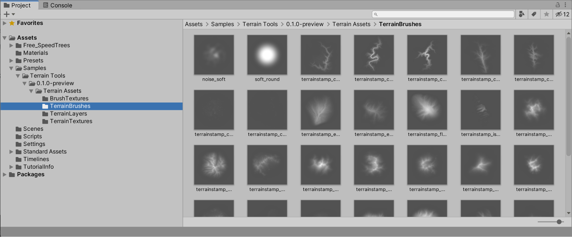 The Terrain Brushes folder within the Samples folder in the Project window.