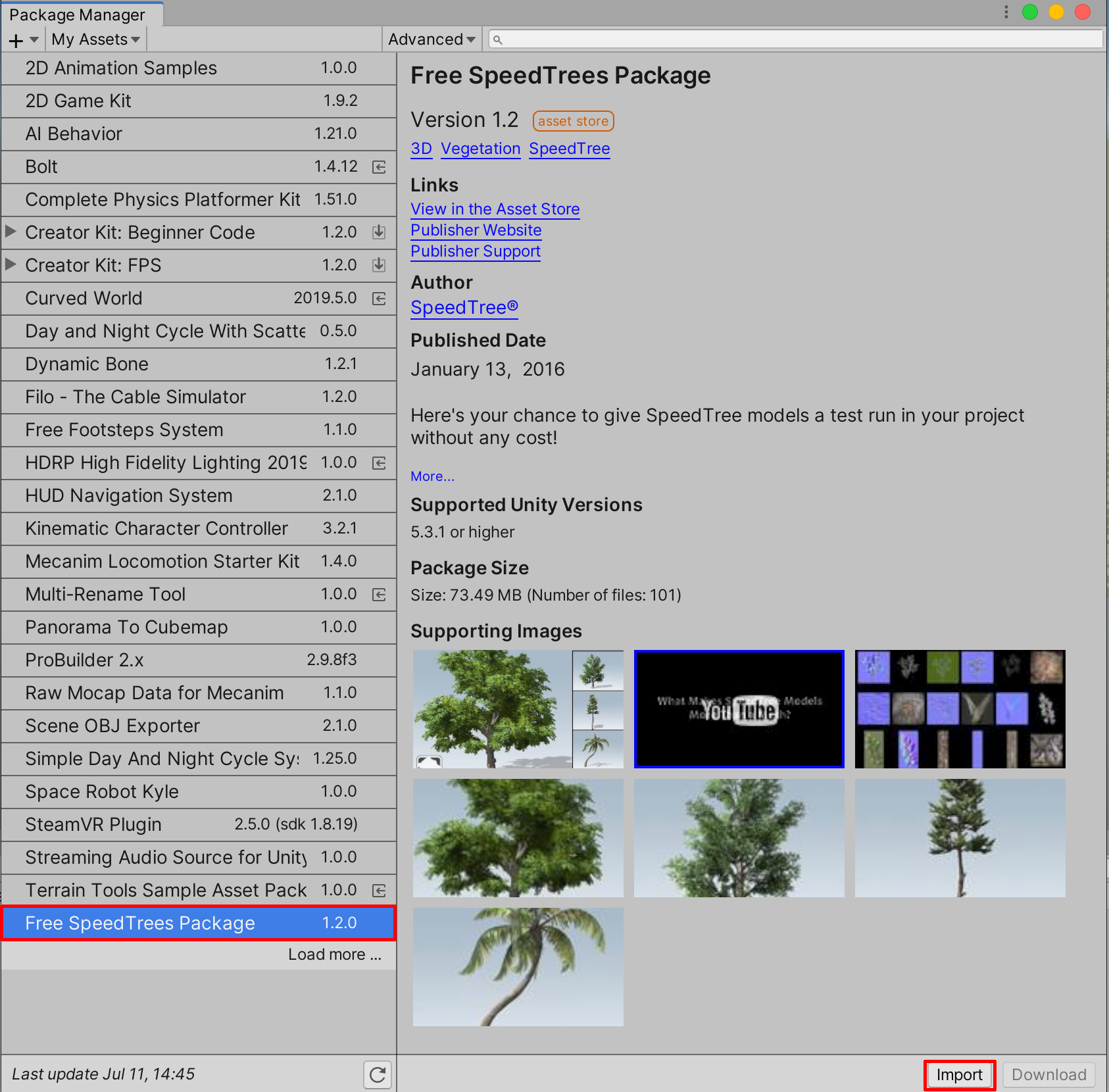 Importing the Free SpeedTrees Package from the Package Manager window.