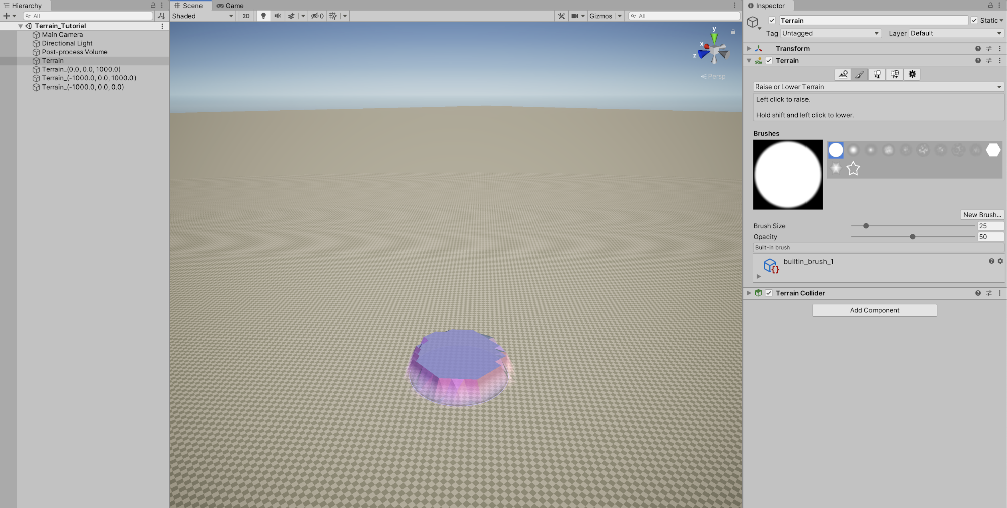 The default cylindrical brush cursor which will raise or lower the Terrain.