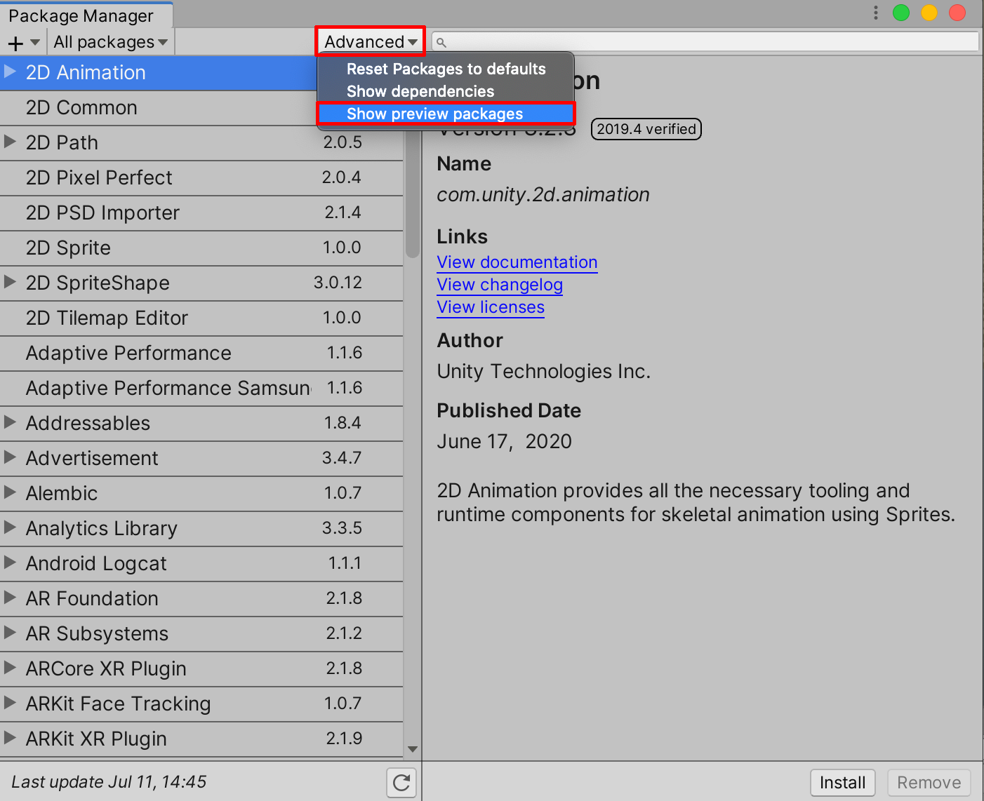 Selecting Show Preview Packages from the Advanced menu dropdown in the Package Manager Window.