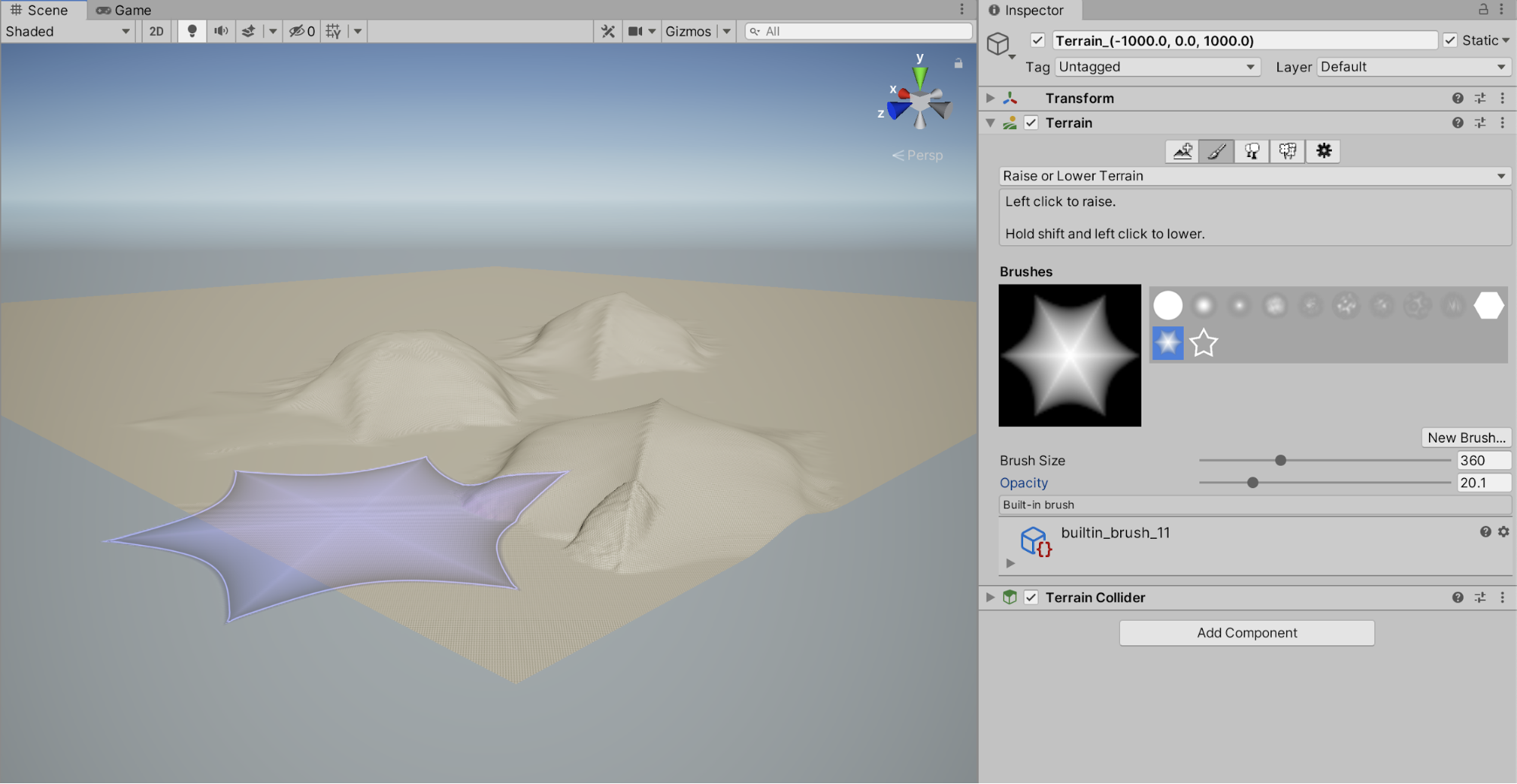 Sculpting the terrain with a unique built-in brush shape.