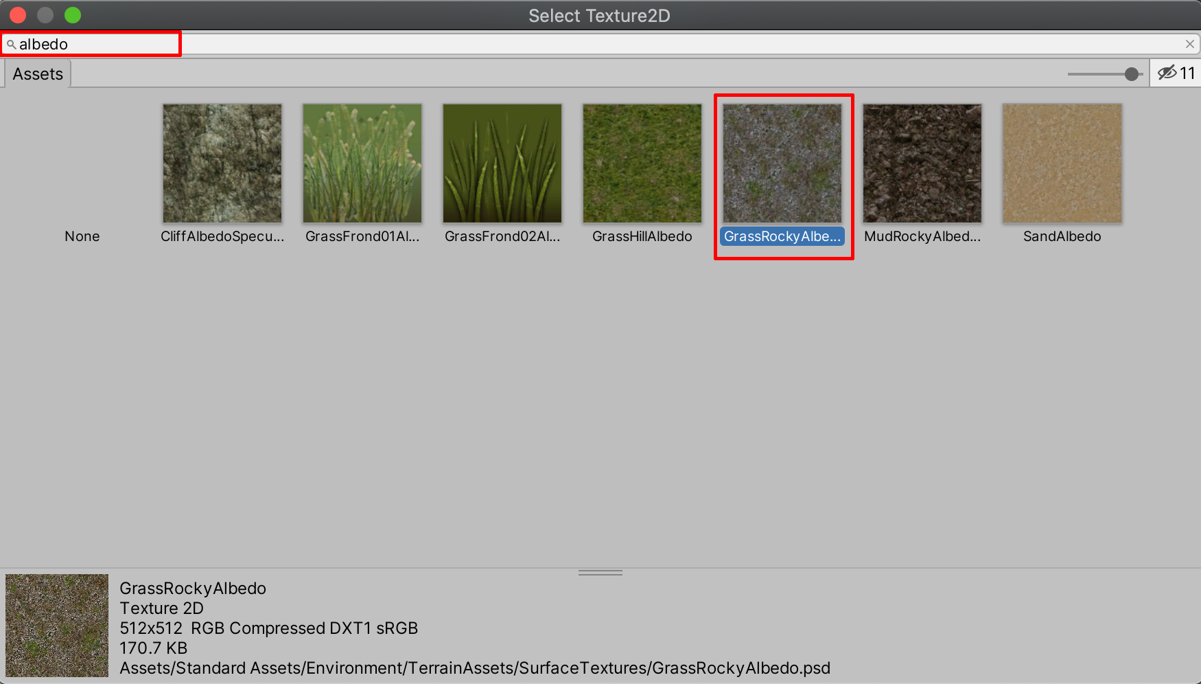Selecting the GrassRockyAlbedo surface texture in the Select Texture2D window.