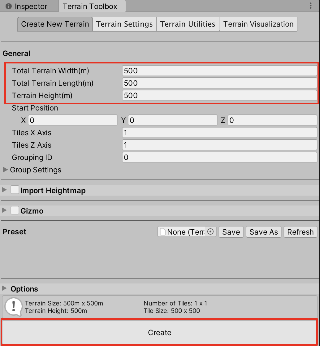 Creating a new Terrain using the Terrain Toolbox window.