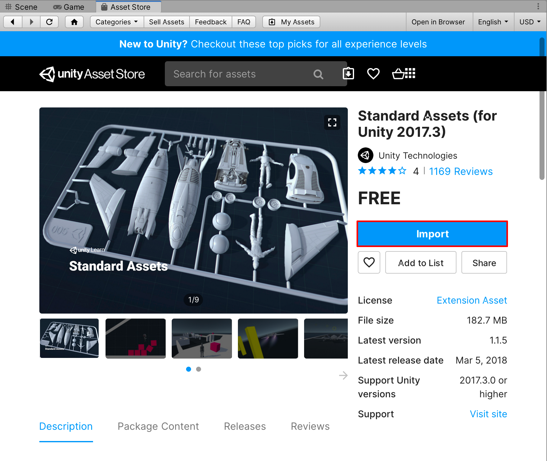 Importing the Standard Assets from the Asset Store window.