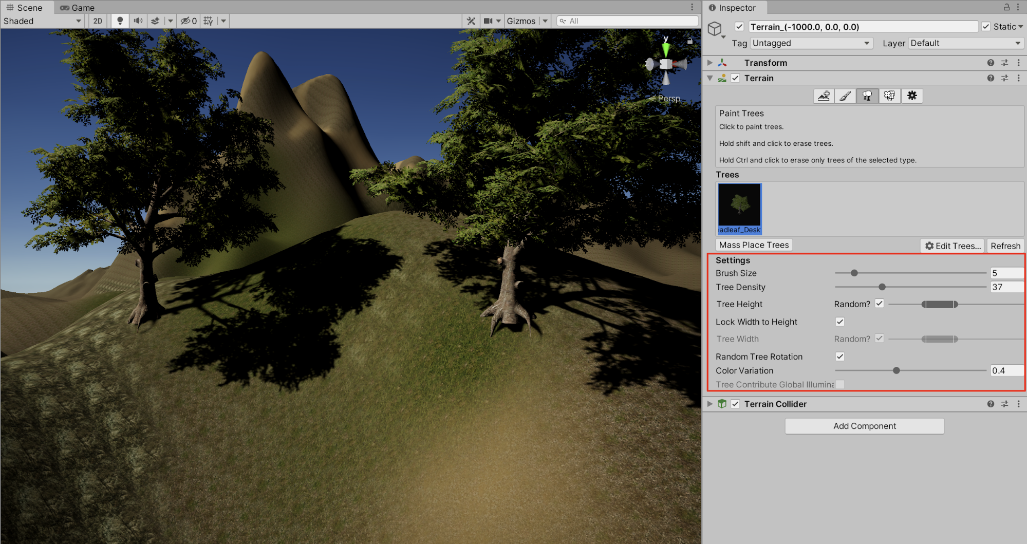 Using the Paint Trees tool to place trees on your Terrain.