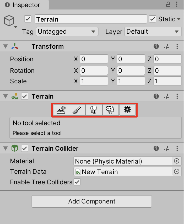 The Terrain settings and tools in the Inspector window