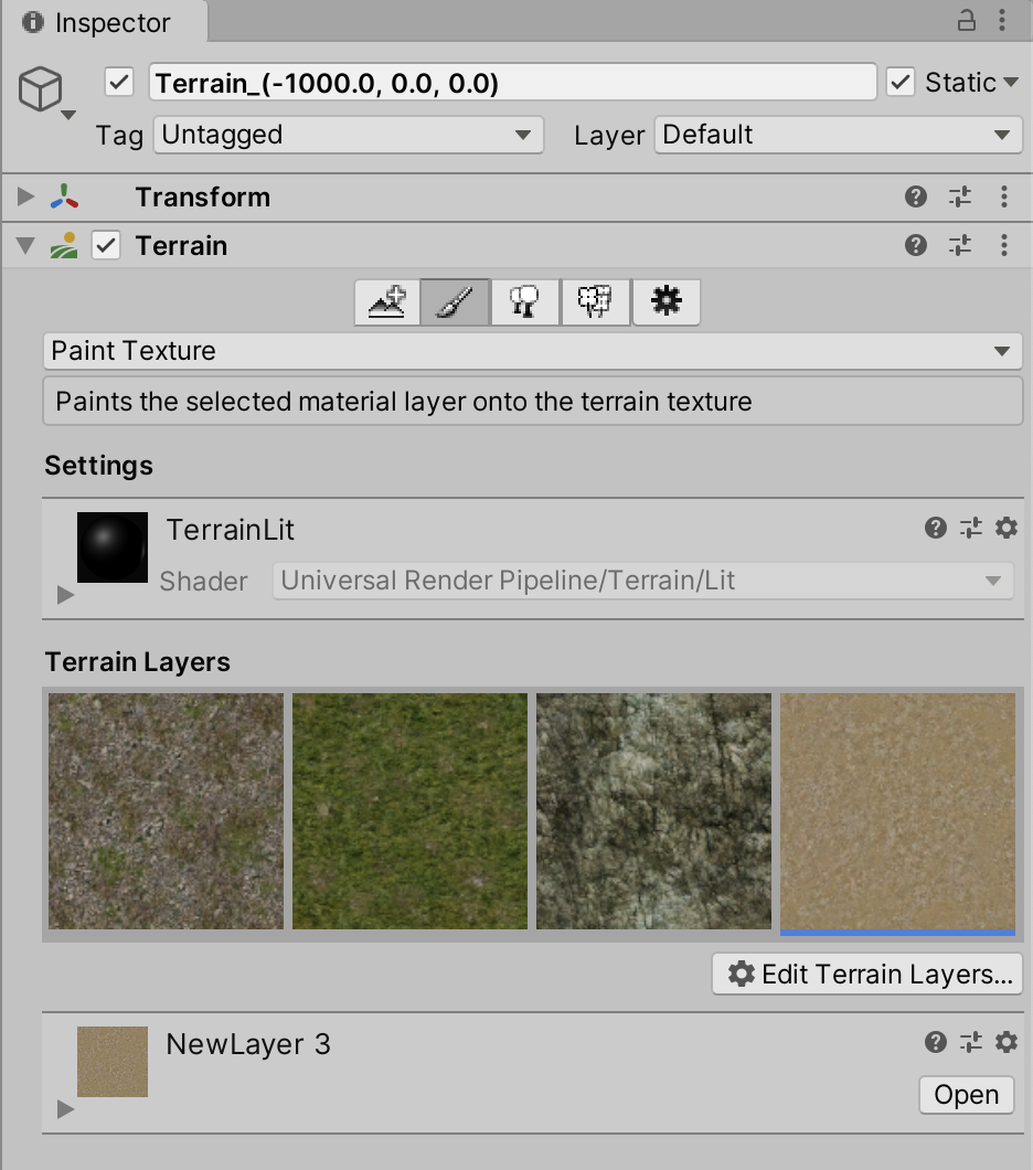 Adding multiple Terrain Layers, containing additional surface textures.