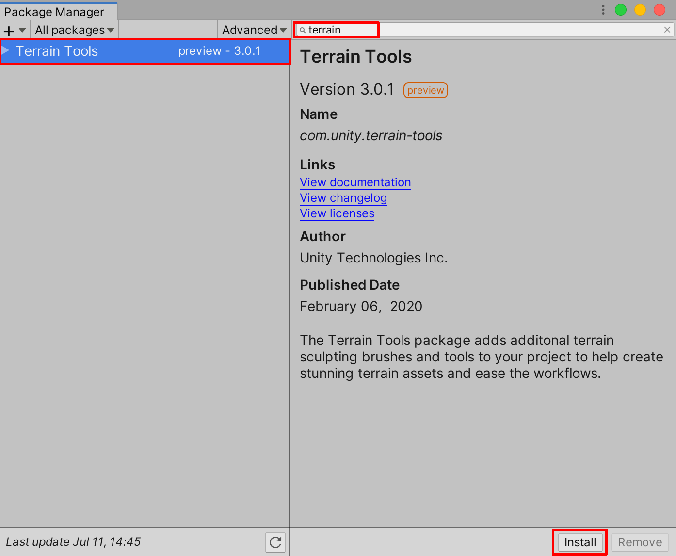 Installing the Terrain Tools package in the Package Manager window.